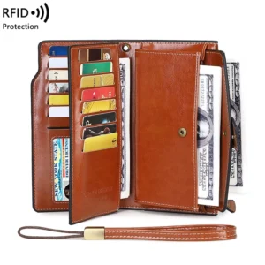 RFID Anti-Magnetic Wallet 2025 New Ladies' Purse Oil Wax Leather Billfold Wallet Leather Wallet European and American Large-Capacity Handbag