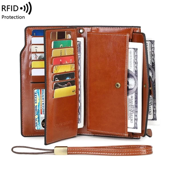 RFID Anti-Magnetic Wallet 2025 New Ladies' Purse Oil Wax Leather Billfold Wallet Leather Wallet European and American Large-Capacity Handbag