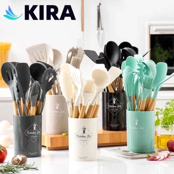 KIRA silicone kitchen utensils set Spatula For Non Stick Pan Shovel Wooden Handle Cooking Tools Set