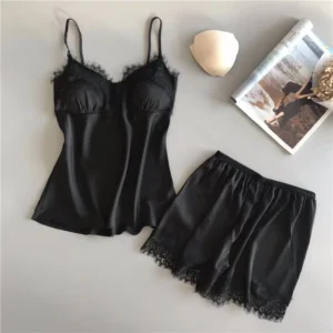 Womens Sexy Lace Lingerie Camisole Tank Top Shorts Ice Silk Set Pajamas Women's Sexy Evening Dress