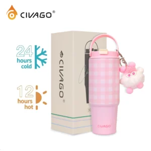 CIVAGO （30oz） Straw Insulated Mug Girls Stainless Steel Large Capacity Mug Car Carrying Cups
