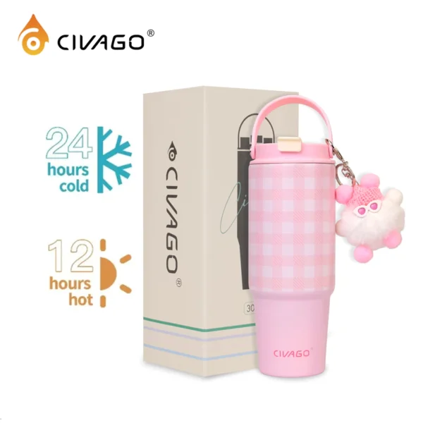 CIVAGO （30oz） Straw Insulated Mug Girls Stainless Steel Large Capacity Mug Car Carrying Cups