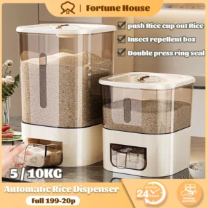 FORTUNE HOUSE 5/10KG Automatic Rice Dispenser Rice Bucket With Measuring Cup Kitchen Insect-Proof Sealed Grain Container/Push-Pull Rice Cup Design