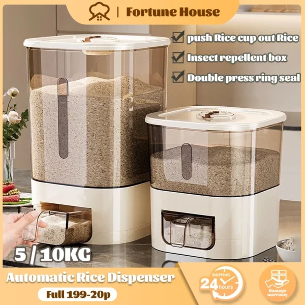 FORTUNE HOUSE 5/10KG Automatic Rice Dispenser Rice Bucket With Measuring Cup Kitchen Insect-Proof Sealed Grain Container/Push-Pull Rice Cup Design