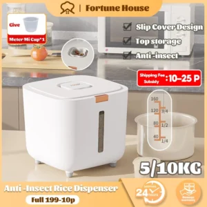 FORTUNE HOUS Insect-Proof Rice Dispenser 5KG Rice Container Pressed Type Rice Storage Container Give Rice Cup