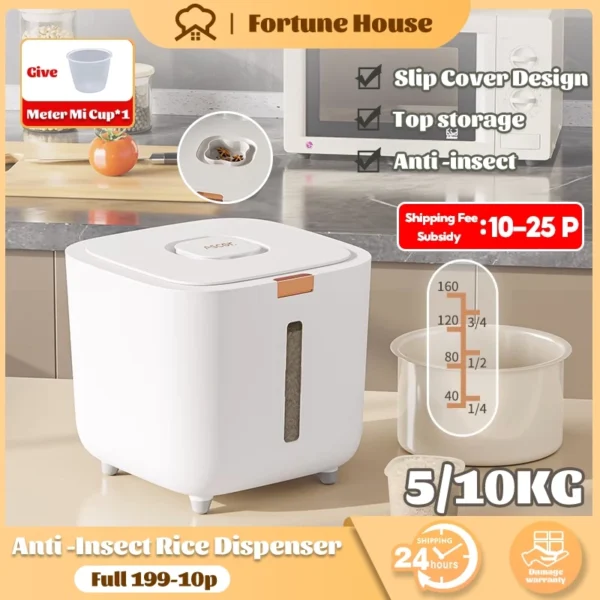 FORTUNE HOUS Insect-Proof Rice Dispenser 5KG Rice Container Pressed Type Rice Storage Container Give Rice Cup