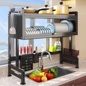 Metallic Dish Cabinet Rack Dustproof  Drain Rack With Cabinet Door Multi-functional Sink Rack