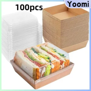 100PCS Kraft Sushi Tray Sandwich Box Pastry Dessert Box Clear Lid Container Cake Packaging for Food