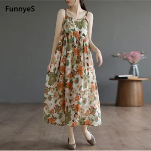 Qiqi Korean Floral Maxi dress Plus Size Woman Boho Sleeveless Summer Outfit Cami Dress L4009
