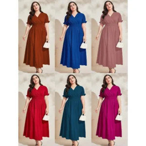 A3234 Uyua Surplice V-neck Elastic Sleeve Garter Waist Plus Size Dress
