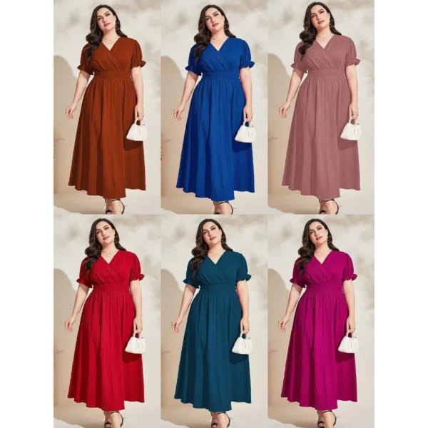 A3234 Uyua Surplice V-neck Elastic Sleeve Garter Waist Plus Size Dress