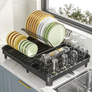 Black Kitchen Dish Drying Rack With Glass Holder Extendable Dish Drainer With Tray Kitchen Organizer