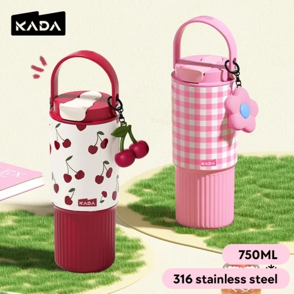 KADA Tumbler 750ML(25OZ) Hot&Cold 316 Stainless Steel Water Bottle with Handle Straw Cherry