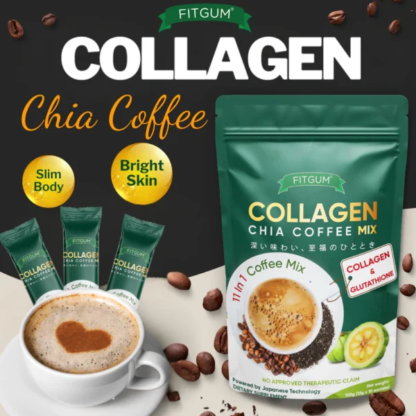 FITGUM 20X Collagen Chia Coffee For Weight Management Anti-Aging Whitening Skin Organic 10 PCS