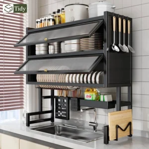 TIDY Dish Cabinet Rack Metallic Dustproof Rack With Cabinet Door Multi-functional Sink Rack