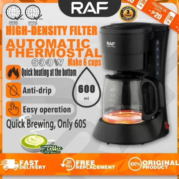 RAF Coffee Maker 600ML Coffee Machine Household Americano Drip Electric Coffee Pot Complete Set