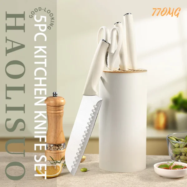 Kitchen Knife Set 5pcs Stainless Steel Precision Knife Chef's Knife Bread Knife Cleaver Scissor