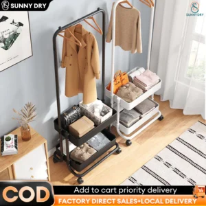 360° Rotating Double Layer Clothes Rack with Removable Storage Tray - Heavy Duty Steel Frame
