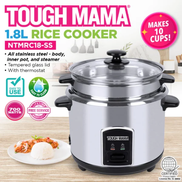 Tough Mama NTMRC-SS Stainless Steel  Rice Cooker Steamer Heavy Duty Big Capacity Automatic Glass