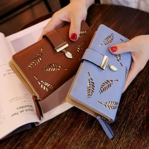 Women's wallet PU leather wallet Women's long wallet Gold hollow leaf wallet Card clip handbag