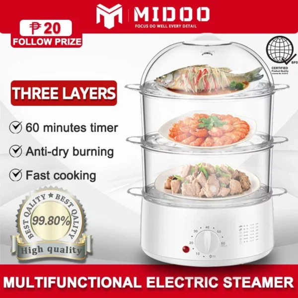 MIDOO Electric Steamer 3-layer Home Large-capacity Siu-mai Steamer Multi-functional Food Steamer