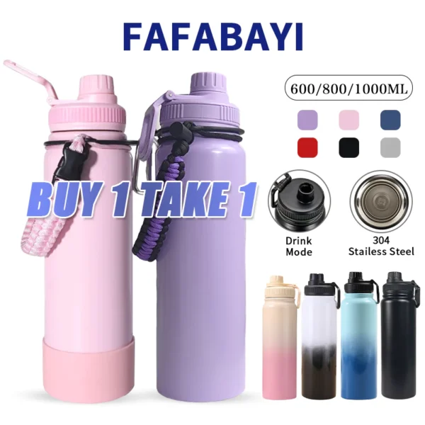 FAFA 600ML/800ML/1000ML Tumbler Sport Water Bottle Stainless Steel Keep Hot and Cold Vacuum Flask