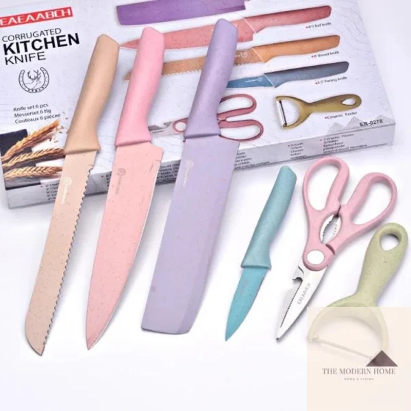 Rich Kitchen Knife Set 6 PCS Pastel Colors Stainless Steel Chef Knife Bread Knife Cleaver Scissors