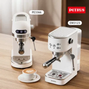 Petrus Coffee Machine Compact Espresso Coffee Maker 15 Bar Auto Extraction with Foaming Milk PE3366/EM3123