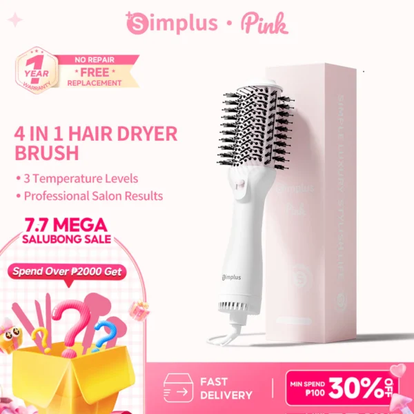 SimplusPink Hot Hair Brush Straightener Curl Dual Use Quick-drying Styling Hair Dryer