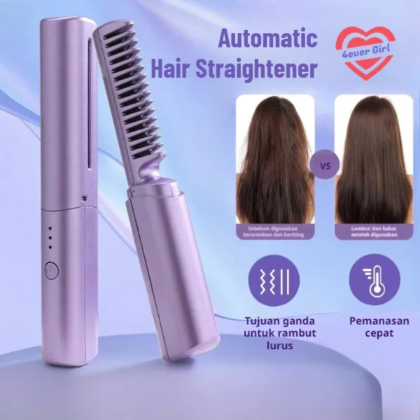 ＜4ever Girl＞Automatic Hair Straightener and Curler Portable Wireless Hair Comb Hair Brush
